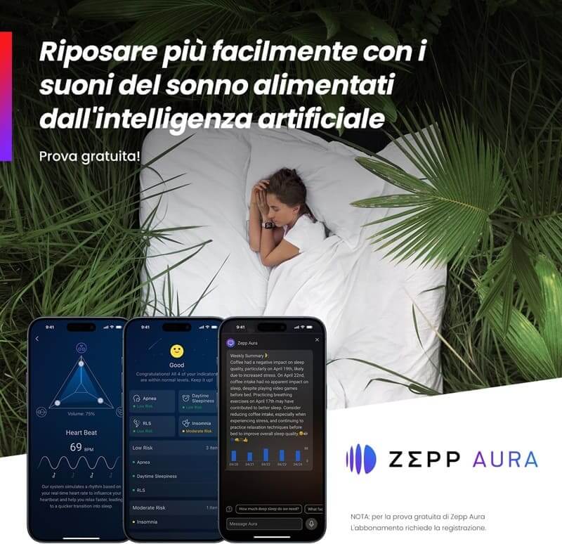 Zepp Aura per il sonno, con IA per un riposo ottimale e analisi dettagliata.